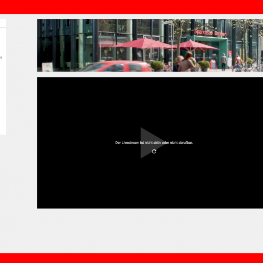 Die Sparkasse Bremen Mitgliederversammlung: Blick auf die Internetseite des Livestream, links auf der Seite ist die Agenda, in der Mitte ist das Buld des Livestreams und rechts sind Dateien zum Download.